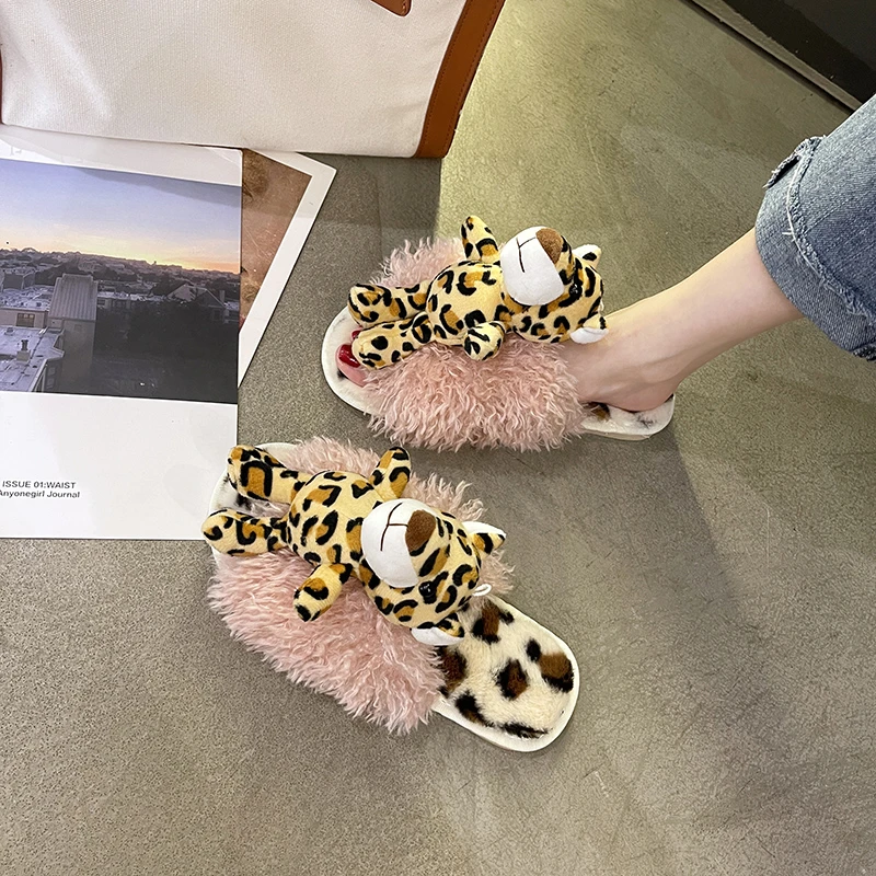 Cartoon Tiger Plush Slippers Autumn and Winter Fashion All-match Outer Wear Flat-bottomed Cotton Slippers Plush slippers animals