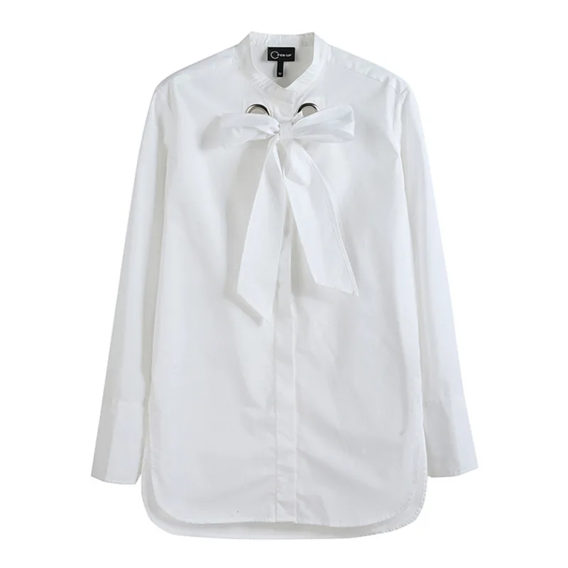 

IEQJ Women Blouse New Stand Collar Long Sleeve Asymmetrical Hollow Out Shirt Minimalist Fashion Lace Up Summer 2021 8P685