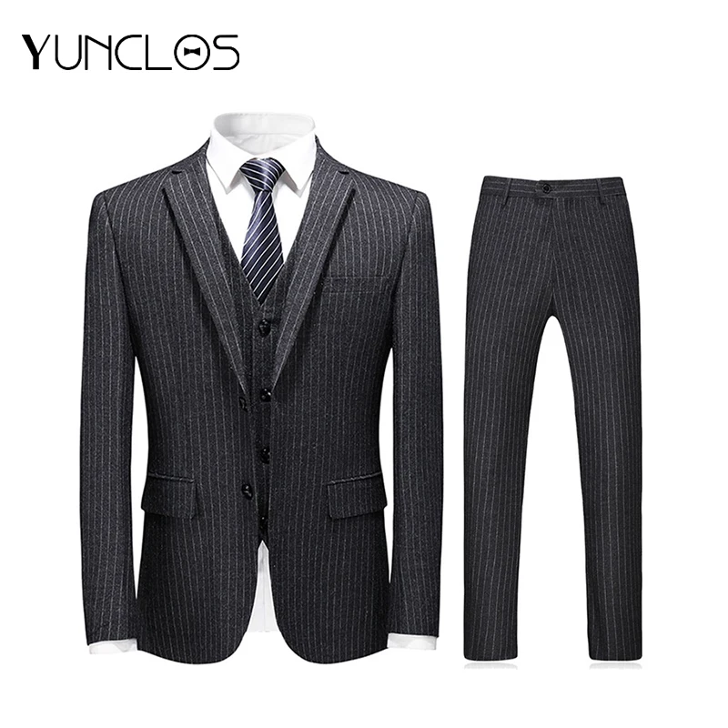 Мужской деловой костюм yunстос темно серой полосой из 3 предметов свадебные