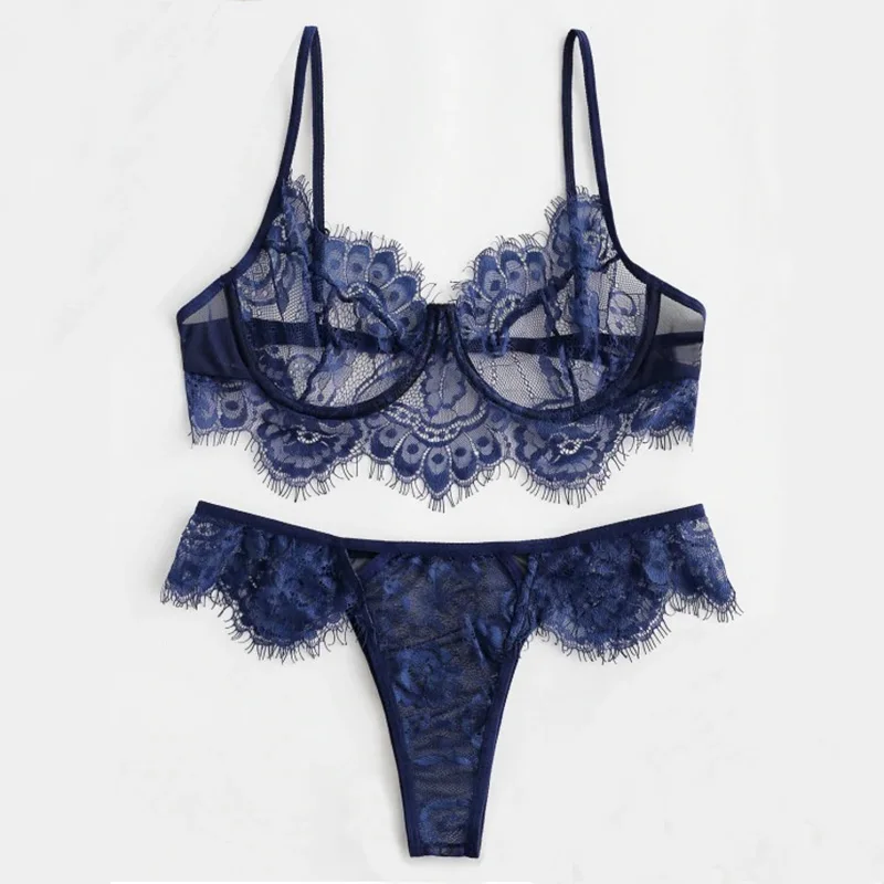 

Ultrathin Perspective Sexy Push Up Babydoll Bra Underwear Briefs Underwire Lace Eyelash Lingerie Set