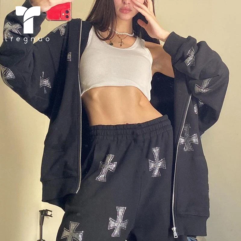 

2021 Hoodie Women Two-Piece Hoodie Loose Top Zipper Simple Casual Wear Hot Drilling Solid Color Women Clothes