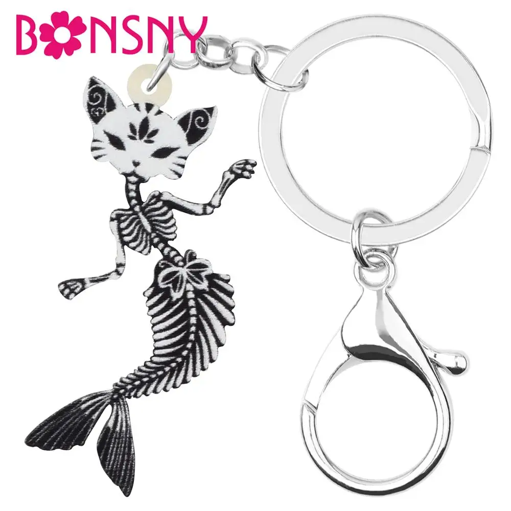 Bonsny акриловые брелки для Хэллоуина с серым котом рыбой черепом милый скелет