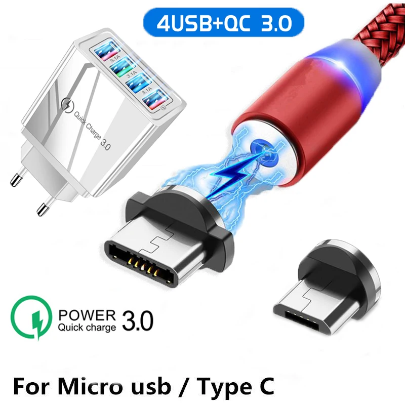 Магнитный кабель Micro USB Type c с европейской вилкой QC 3 0 быстрое зарядное устройство