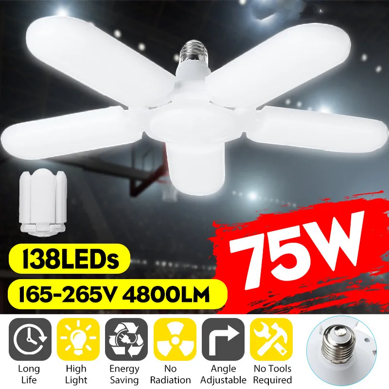 

75W LED Garage Light Foldable E27 Bulb 5 Adjustable Fan Blades Deformable Workshop Warehouse Ceiling Lighting 6500K AC165-265V