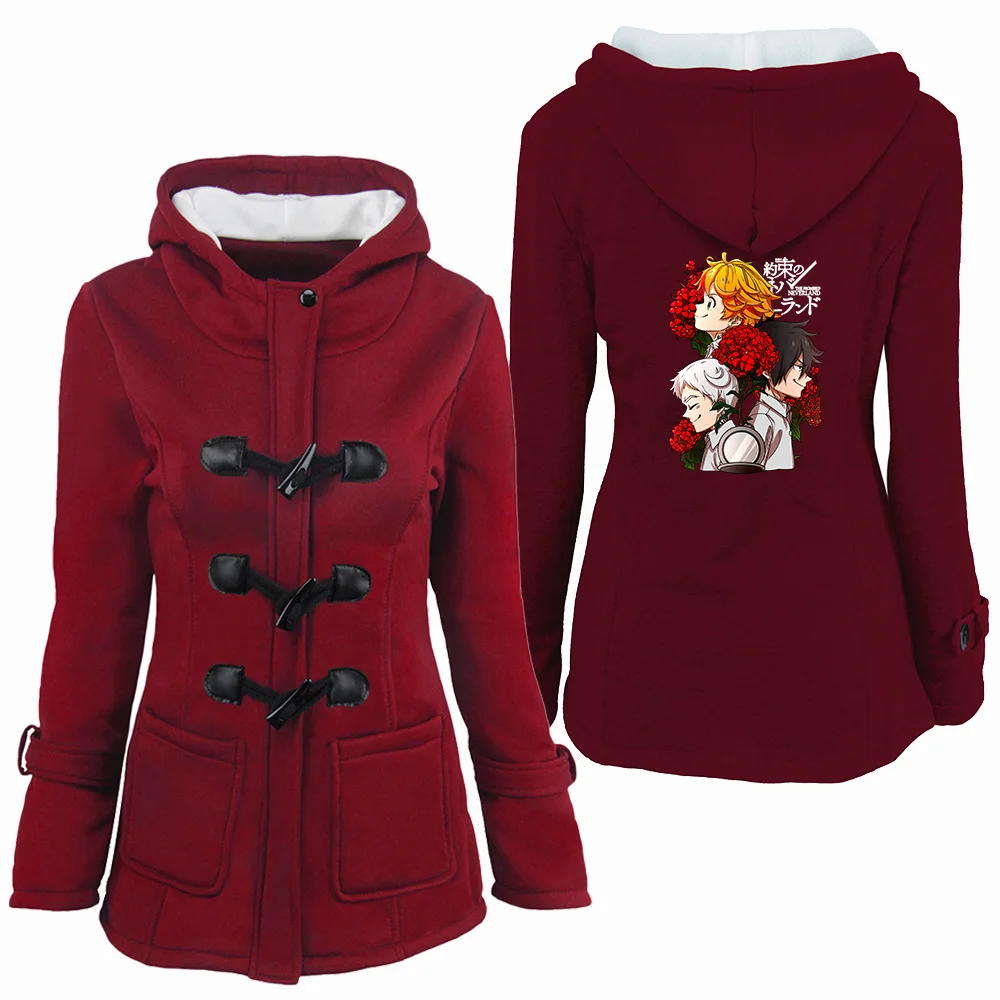 

The Promised Neverland Anime Print Hoodies Warm Jackets Cosplay Merch Horn Botton Hooded Zipper Women Sportswear Outfits 2021