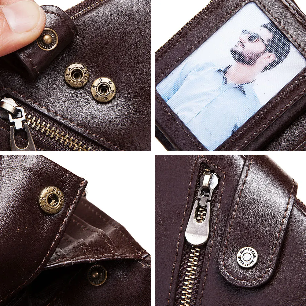 

KAVIS Free Engraving Genuine Leather Rfid Men Wallet Coffee Coin Purse Small Card Holder Chain PORTFOLIO Portomonee Male Walet