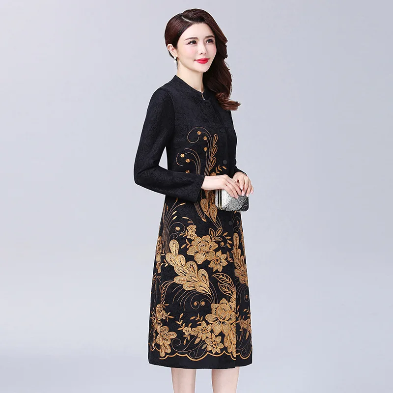 Пальто женское жаккардовое длинное однобортное с воротником-стойкой в