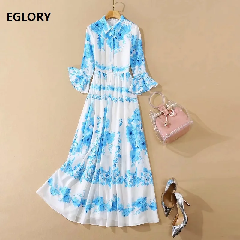 

Latest Fashion Long Dress 2020 Autumn Women Turn-down Collar Vintage Porcelain Print Flare Sleeve Ankle Length Long Maxi Dress