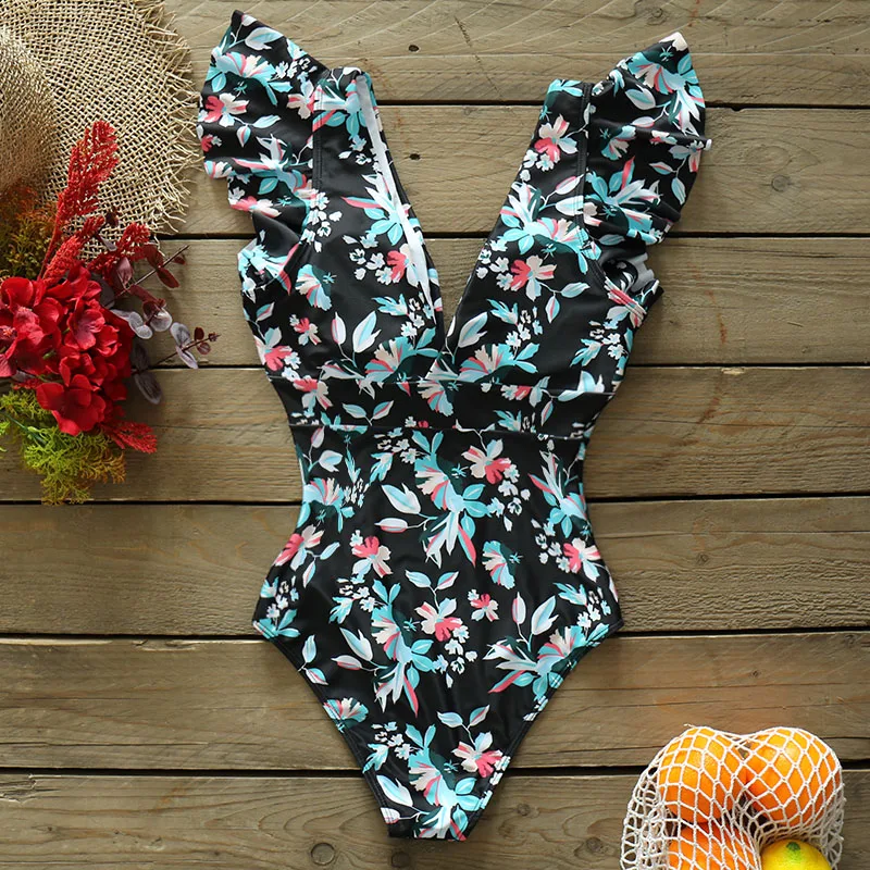 Купальник слитный женский с V-образным вырезом купальник оборками на плечах