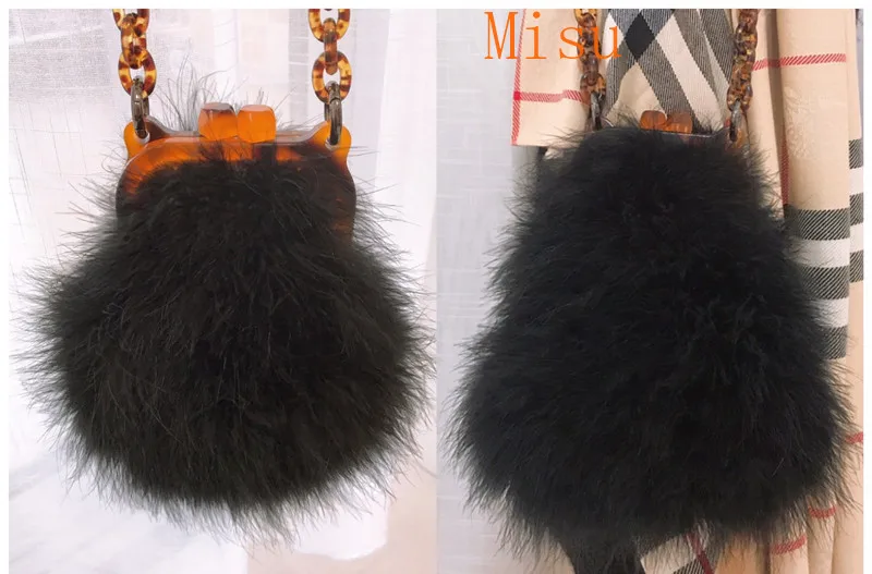 

Winter Women Fur Bag Ostrich feather Acrylic Chain Lady Purse Handbags Luxury Design Mini Clip Bags Vintage Chic Messenger Bag