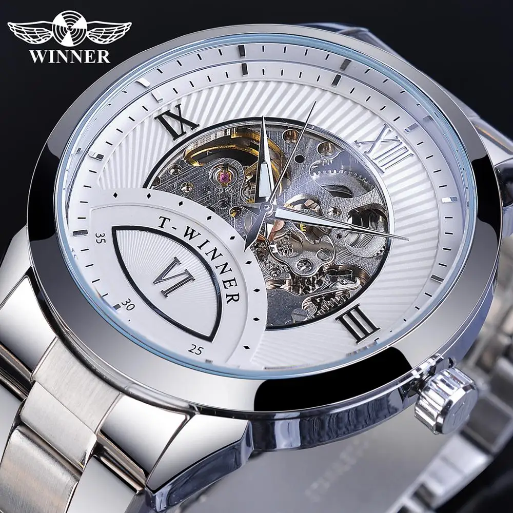 

Winner Half Skeleton Luminous Mens Silver Steel Roman Number Display Fashion Casual Automatic Watch Mechanical Top Brand Luxury