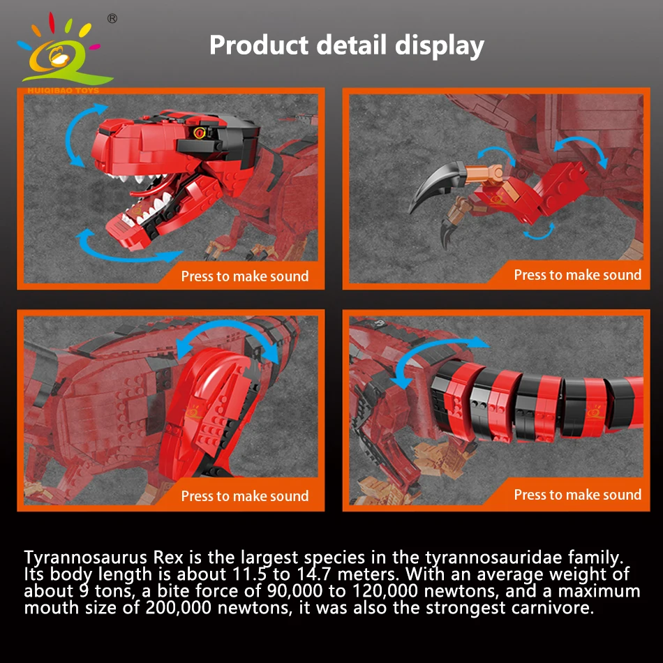 

HUIQIBAO TOYS 1756pcs Jurassic Dinosaur Roar Sound Red Tyrannosaurus model Building Blocks Bricks Educational Toys For Children