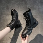 Черные кожаные женские ботинки из ПУ кожи, Осенние Зимние круглые ботинки для женщин, мотоциклетные ботинки