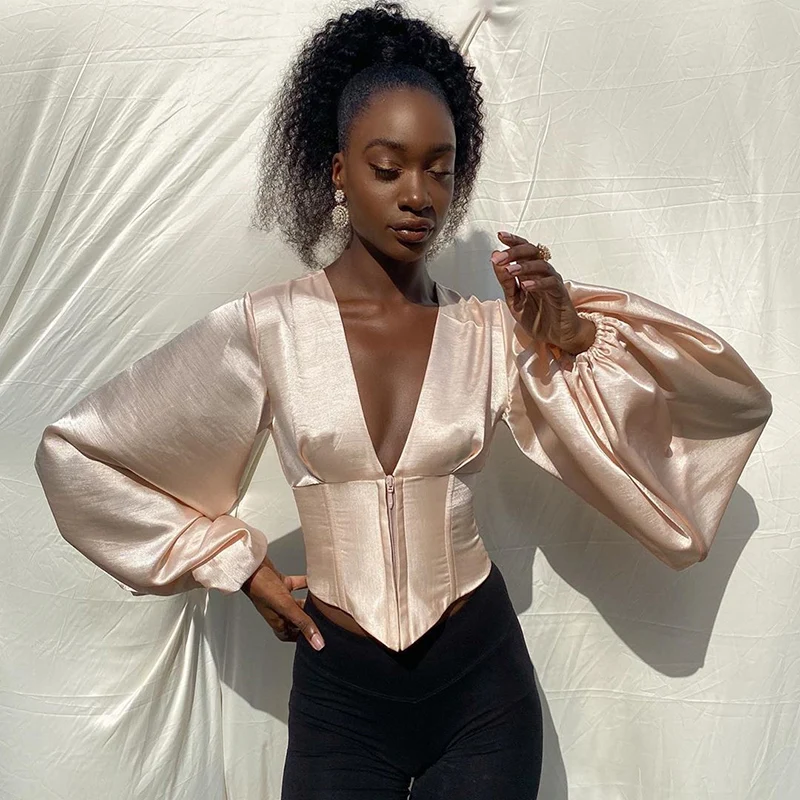 

Elegant Sexy Deep V Neck Satin Slim Crop Top Woman Chic Lantern Sleeve Irregular Tops Spring Autumn Office Shirt Romantic 2021