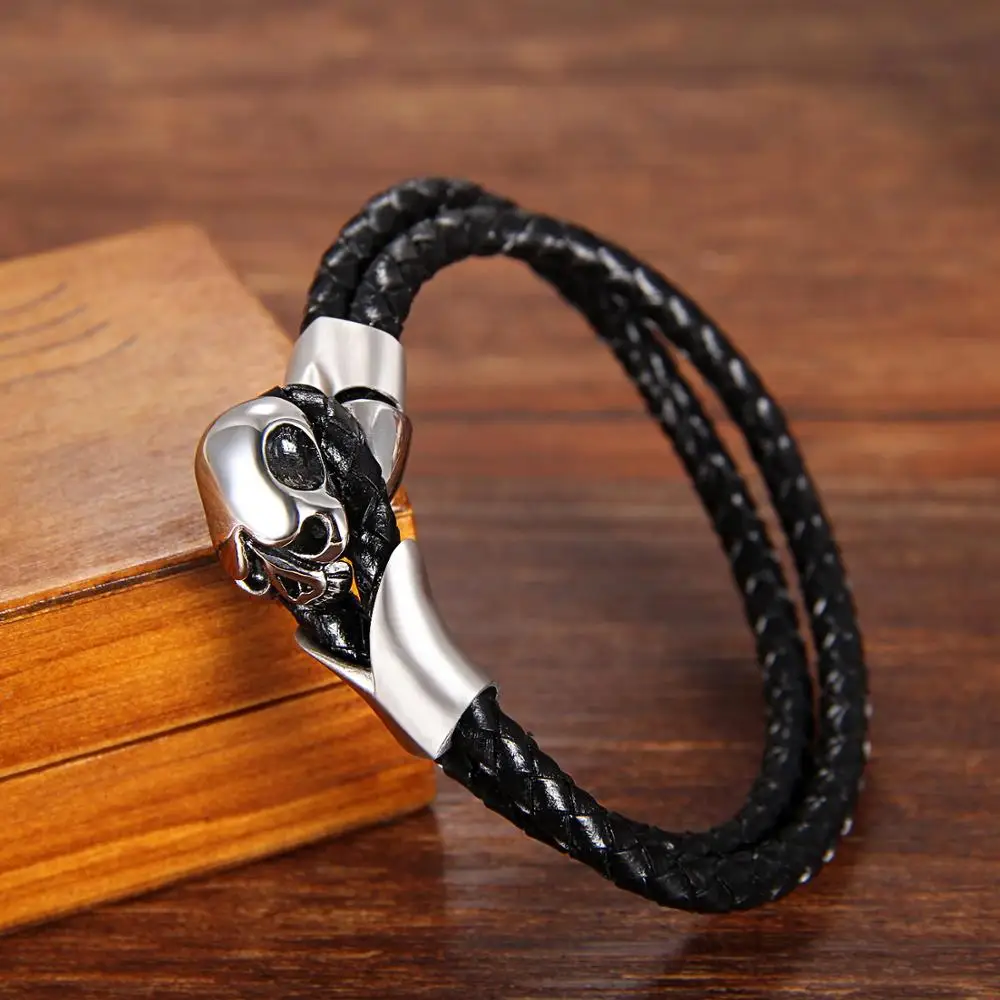 Мужской винтажный браслет из нержавеющей стали Готический кожаный с черепом