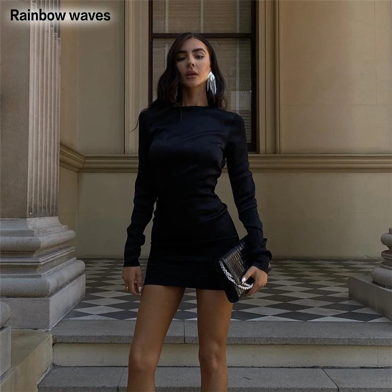

Rainbowwaves Woman Dress Long Sleeve Bodycon Black Sexy Backless Camisole Clubwear Evening Party Mini Dresses For New Year 2022