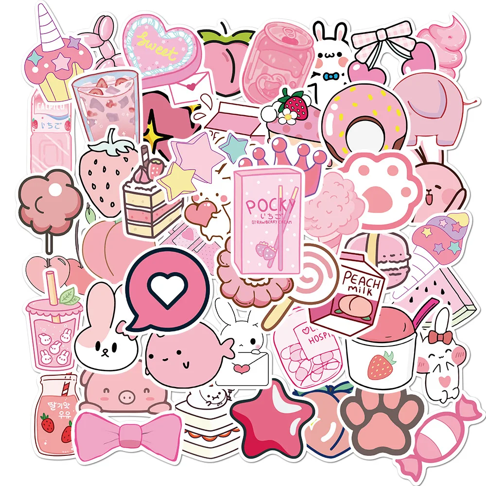 

50PCS Pink Cartoon Fresh INS Style DIY Stickers Anime For Notebook Laptop Skin Sticker Car Skateboard Luggage Refrigerator Decal