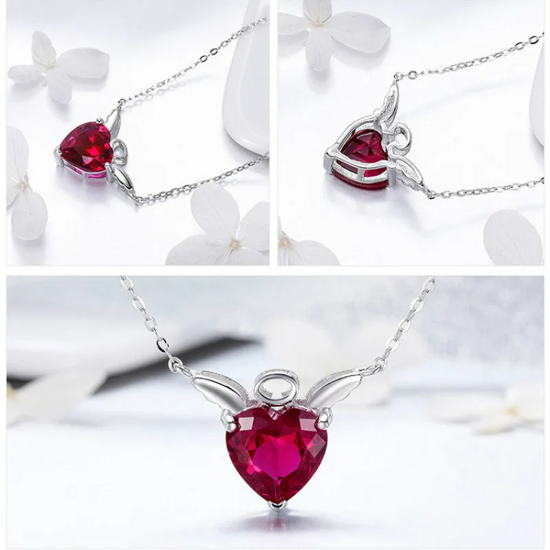 

Garnet 925 Sterling Silver Clavicle Pendant Necklaces Heart Angel Lady's Pendant Necklaces 925S Woman Birthday Pendant Necklaces