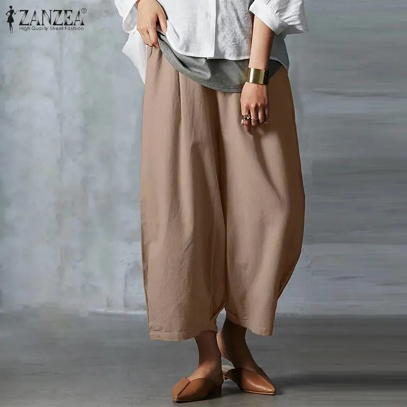 

Элегантные однотонные широкие брюки, женские весенние брюки ZANZEA 2021, повседневные длинные брюки с эластичным поясом, Палаццо с резьбой
