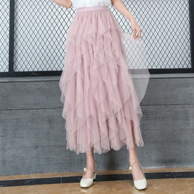 pink Фея длинная юбка из фатина Женская Осенняя розовая эластичная талия многоуровневые оборки Необычные элегантные женские юбки тюль плиссированные вечерние faldas - Цвет: pink