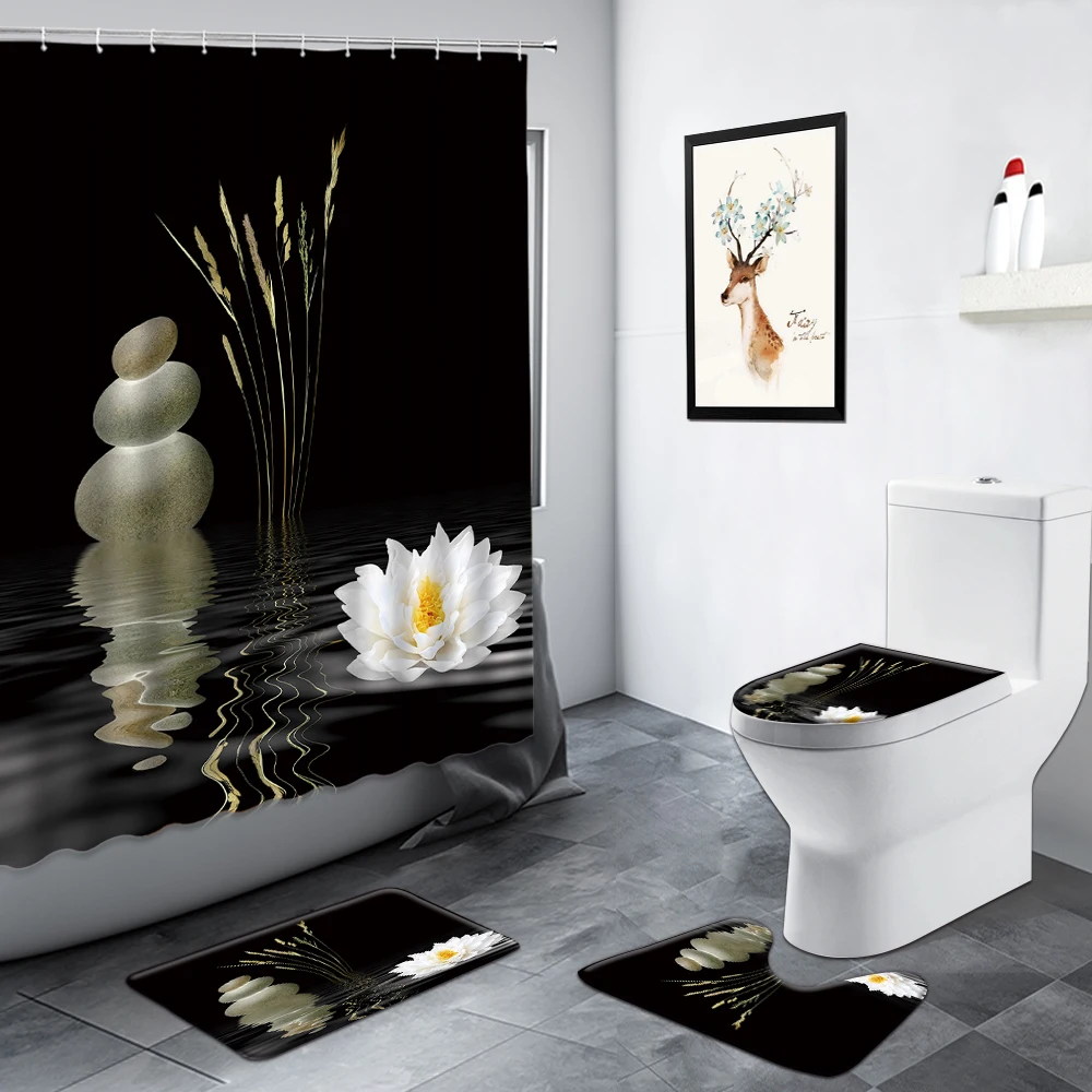 

Zen Stone Grass Water White Flowers Black Shower Curtain Green Bamboo Garden Scenery Bathroom Non-slip Rug Toilet Mats Decor Set