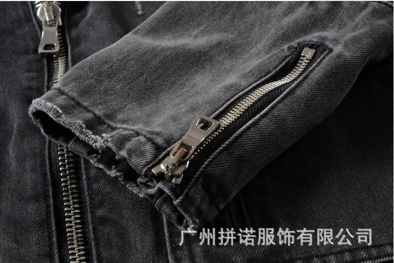 

tide Hot New Autumn winter men Black grey hole slim denim jacket youth diagonal zipper Coat male Motorcycle jackets M-4XL