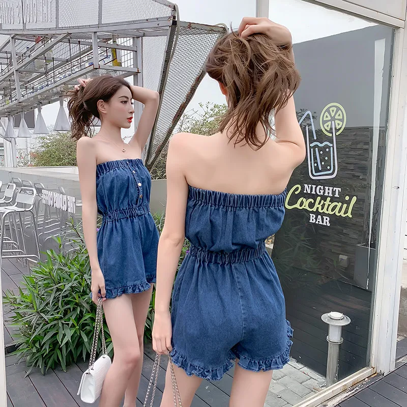 2020 New Summer Jumpsuits Denim Blue Combinaison Sexy Tube Top High Waist Korean Fashion Clothing Casual Wide Leg Shorts Fungus