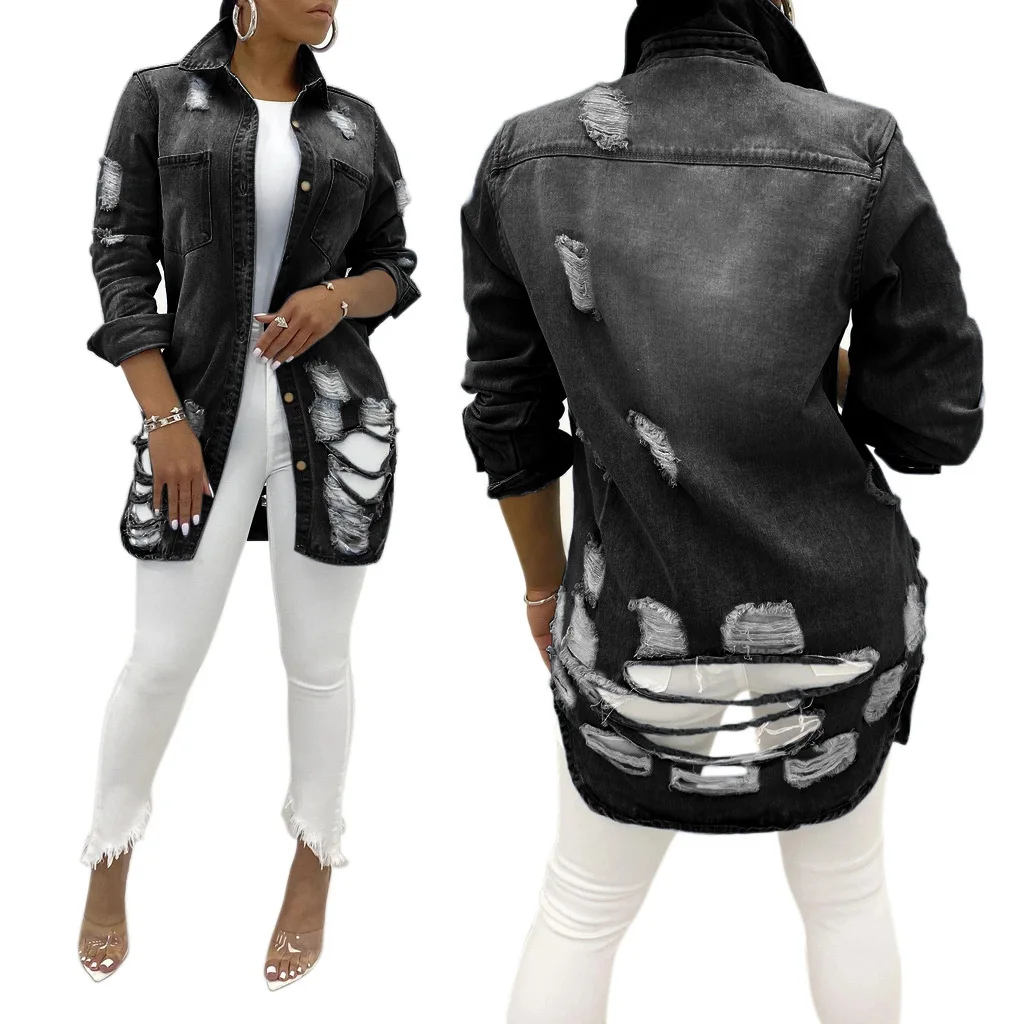 

Ripped Long Denim Jacket Vintage Thin Solid Color Plus Size Autumn Wear Women Coat Casual Loose Sexy 2020 Fashion Women Jacket