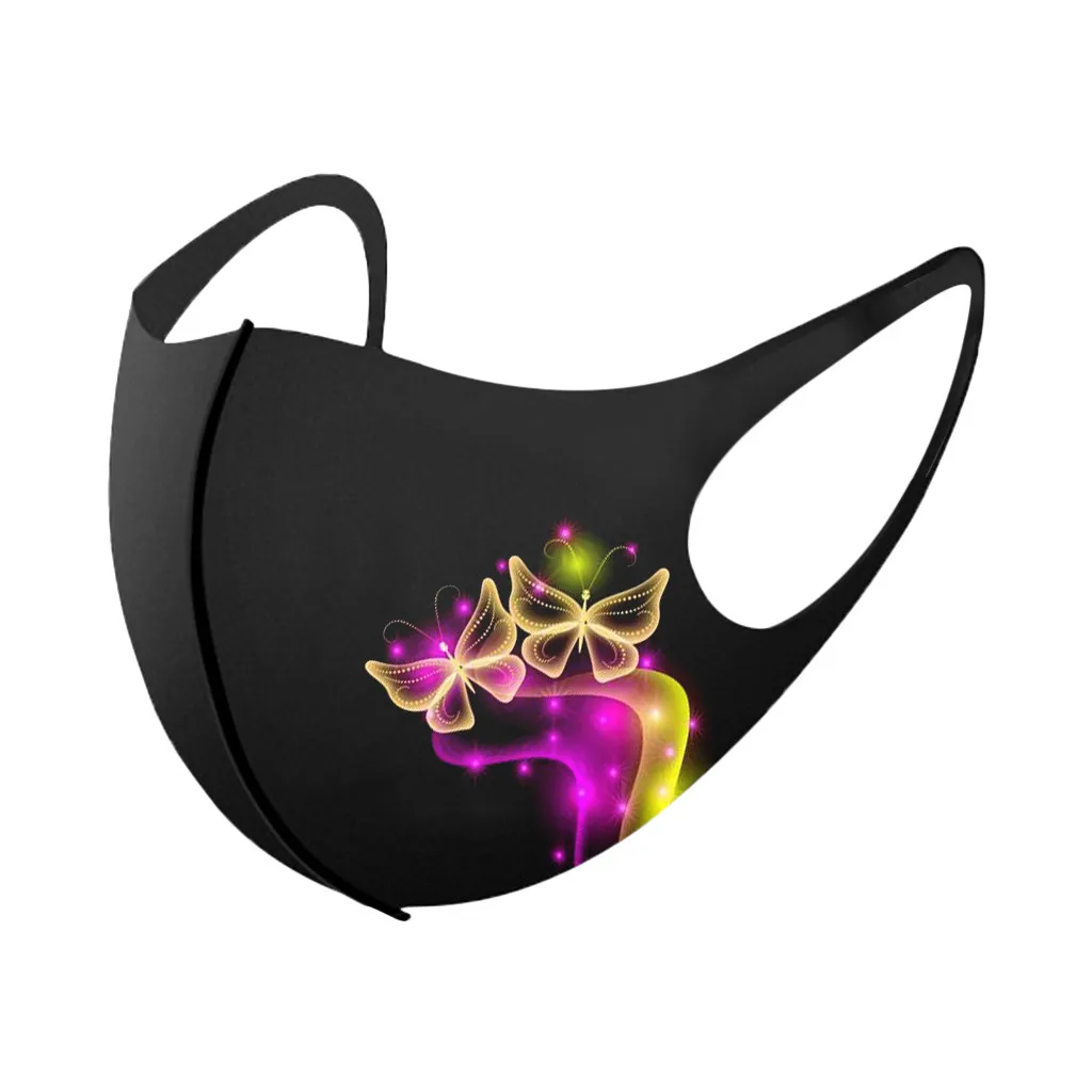 Защитная Маска для лица #102 женщин с принтом бабочки моющаяся черная На Рот |