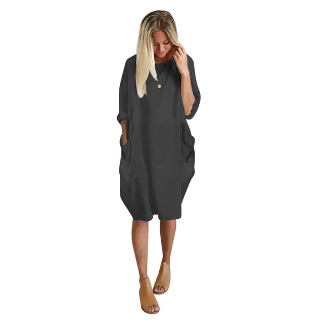 

Armedeo Autumn Womens dresses Pocket Loose Dress Ladies Crew Neck Casual Long girl Tops Dress female fashion big vestido