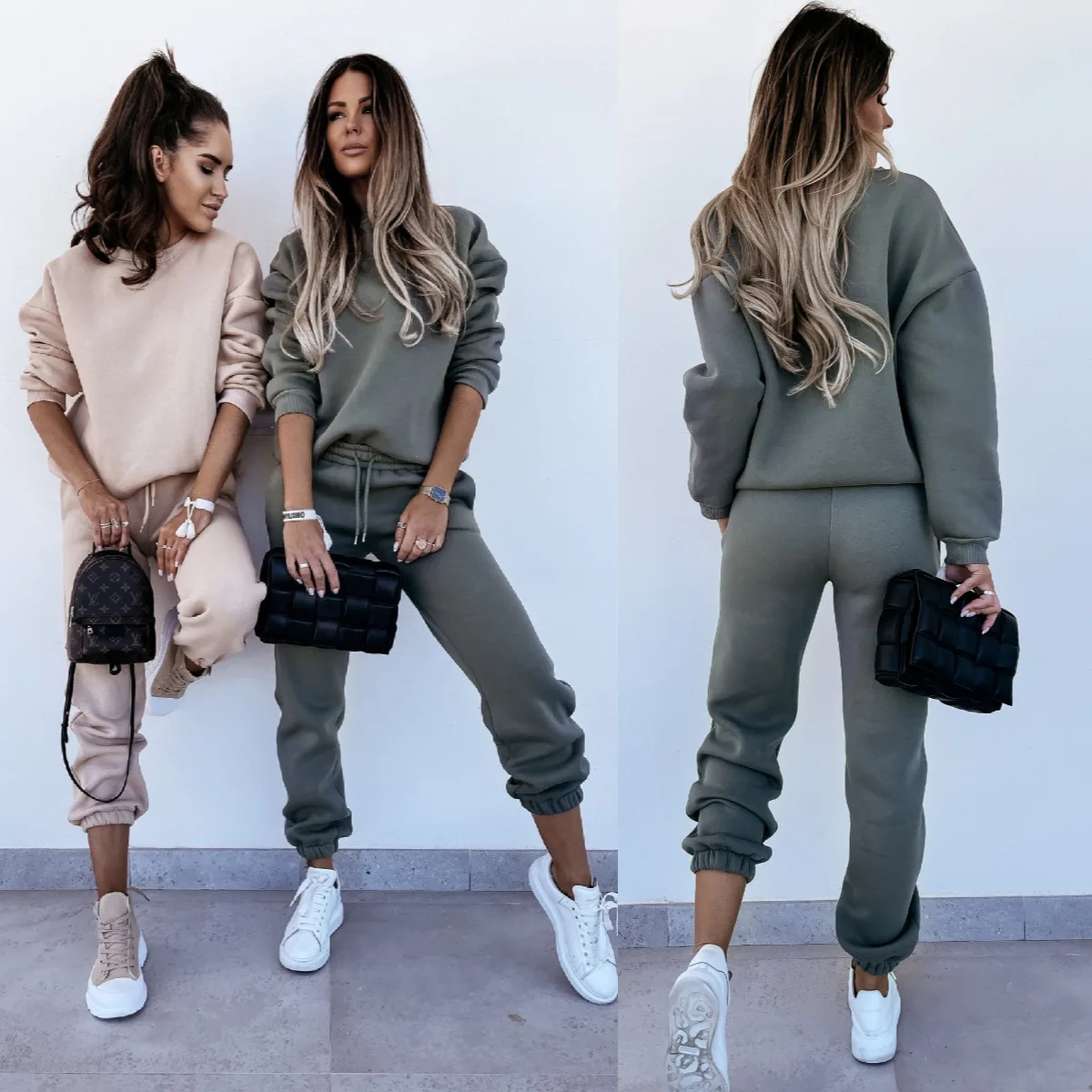 

2022 New Autumn and Winter Leisure Sports Sweater Set Round Neck Slim Fit Solid Color Trousers Fashion Two-piece Set for Women
