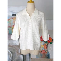 simple commuting fashionable and classic twist weave flower lapel short sleeve all wool womens knitting thin sweater