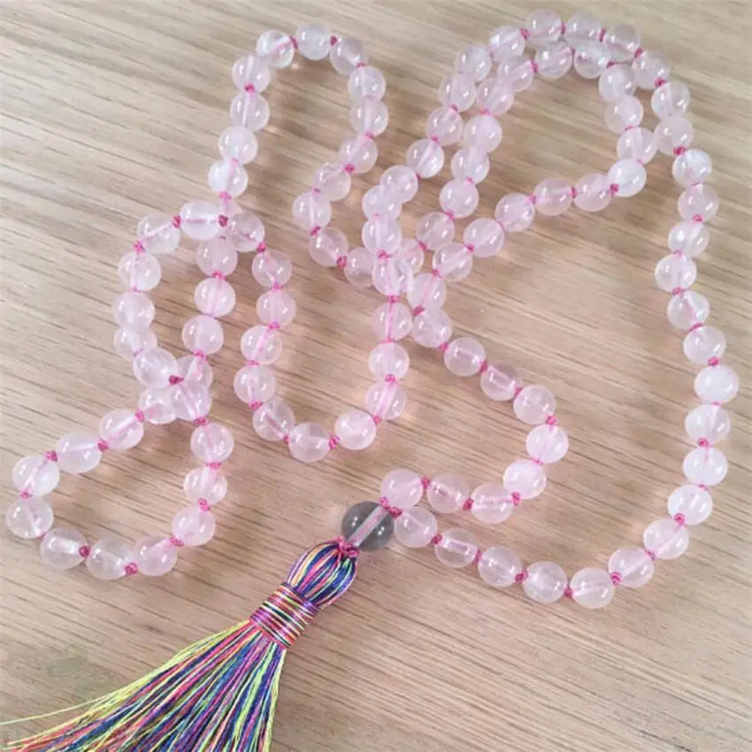 

8mm Pink crystal Gemstone knot Tassel Mala necklace 108 Beads energy Veins cuff MONK Wristband Bless Fancy spirituality Buddhism