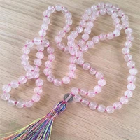 8mm pink crystal gemstone knot tassel mala necklace 108 beads energy veins cuff monk wristband bless fancy spirituality buddhism