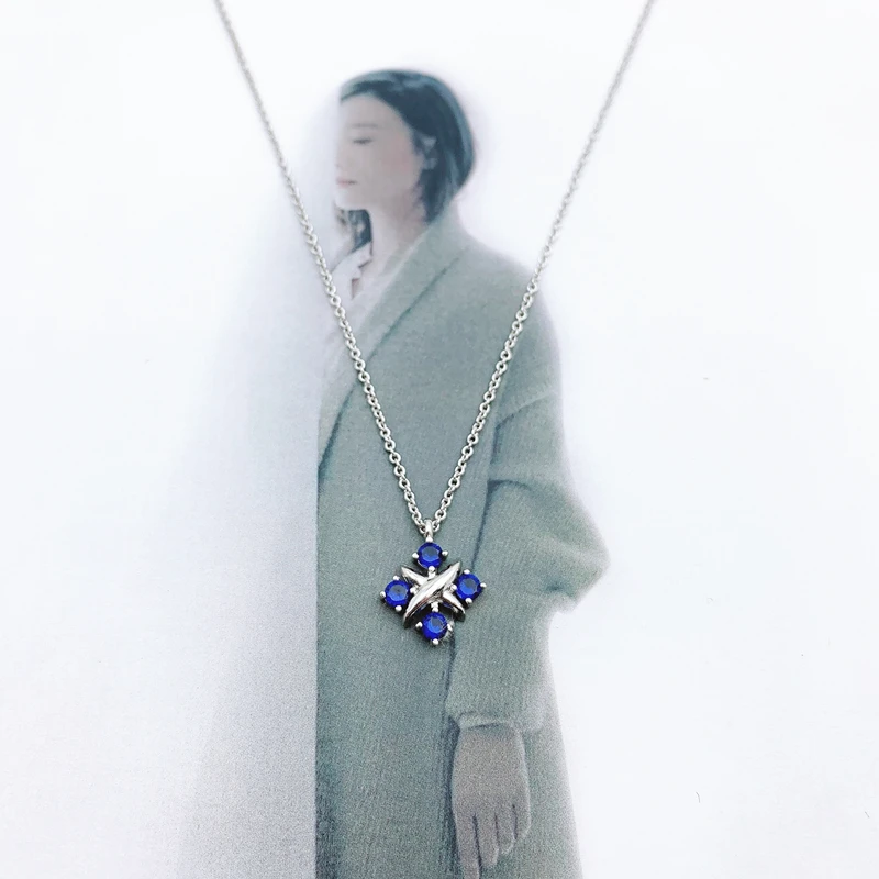

Classic vintage 925 sterling silver necklace classic jewelry, four intersecting zircons, with logo 1:1 jewelry gift for women