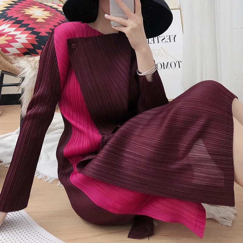 

Miyake pleated Patchwork maxi dresses for women New contrast stitching Button two-piece plus size dress long sleeve split dress
