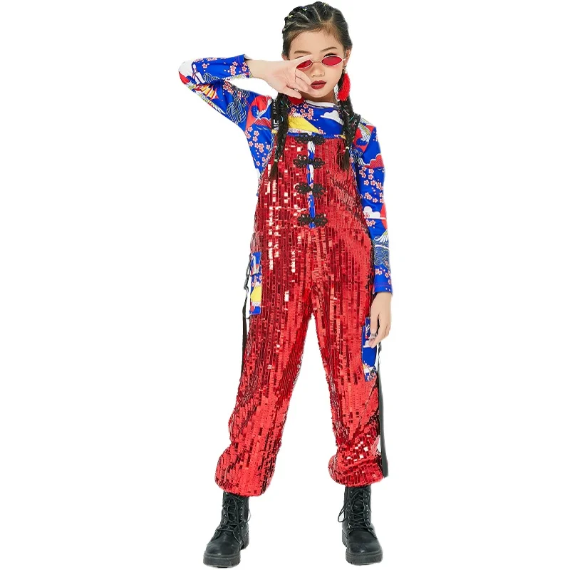 

2021 New Sequined Dance Costume Girls Hip Hop Clothing Rompers Pants Jazz Tops Cheerleading Rave Clothes Kids Stage Wear 120-170