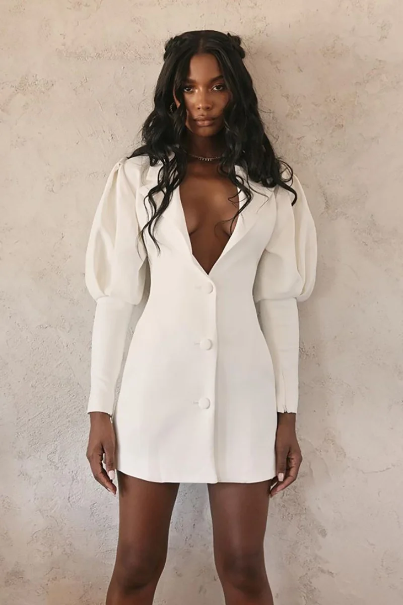 

French Autumn New Suit Collar Lantern Sleeve Waist White Versatile Dress
