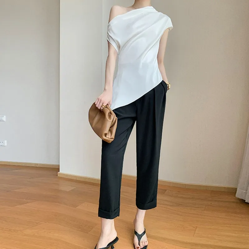 

Summer Elegant Lady Chic Slash neck Ruched Solid Tee and High Waist Ruched Harem pants Two piece set Women Off shoulder Tshirt