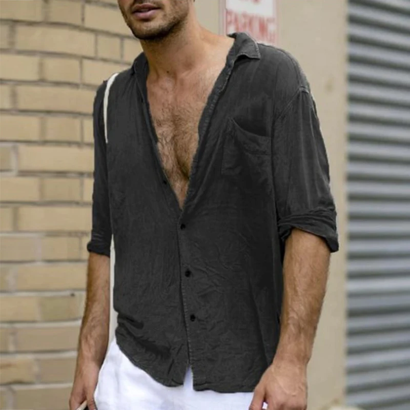 

Casual Summer Men Cotton Linen Tops Cardigan Autumn Men Button Turn-down Collar Shirt Fashion Solid Long Sleeve Shirt Streetwear