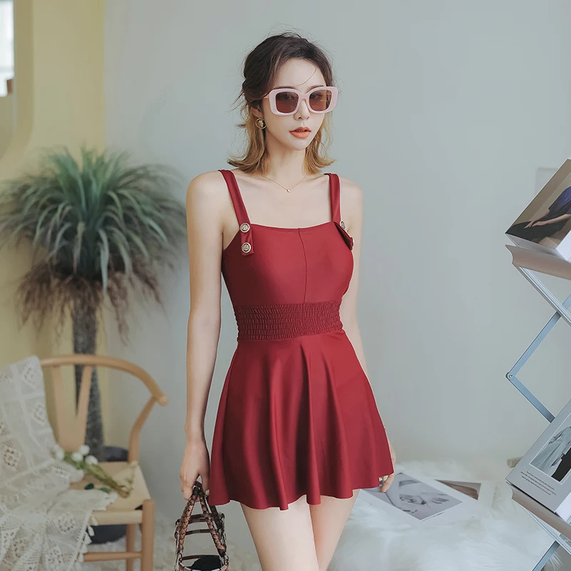 

Vintage Red Swimdress Women Straps Beach Wear Push Up One Piece Swimsuit Summer Swim Monokini Boyshort Pad Korea Style Bathers