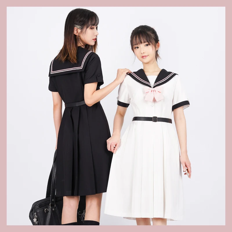 

[Pomelo Tea] Girl Summer High Waist Short Sleeve Mid Length Dress Women Elegant Plaid Skirts JK Uniforms School Student Cloths