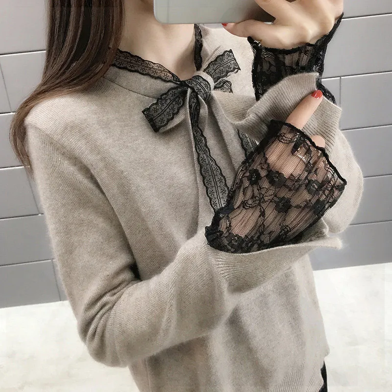 Осенне-зимние женские вязаные свитера 2019 повседневные кружевные лоскутные