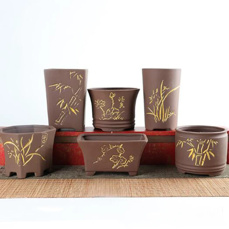 

Purple Sand Succulent Plant Flowerpot Pure Handmade Ceramic Retro Flower Pot Bamboo Lotus Gold Outline Vase Balcony Home Decor