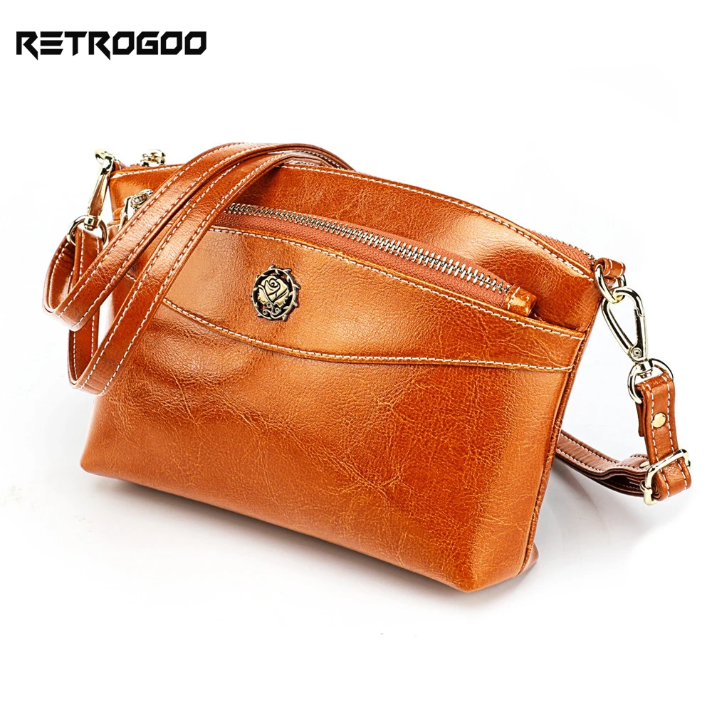 

RETROGOO Genuine Leather Women Shoulder Bag Oil Wax Leather Crossboy Bag Luxury Small Handbag Purse Women Messenger Bag Clutch