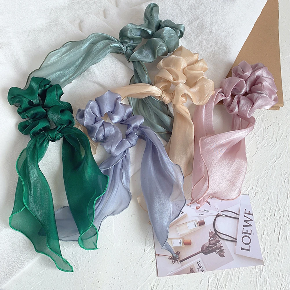 

New Satin Bow Streamers Hair Ring Knotted Scrunchies Women Ponytail Hair Ties Solid Color Rubber Band Hair Accessories
