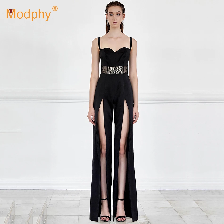 

High quality black rayon bandage jumpsuit women's sexy Bodycon bifurcated patchwork club party runway long jumpsuits 2021