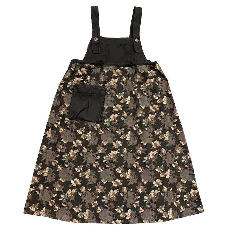 

Loose Denim Dress Women Printed Flower Suspenders Splicing A-Line Jean Dresses Baggy Vintage Casual Maxi cowboy Sundress