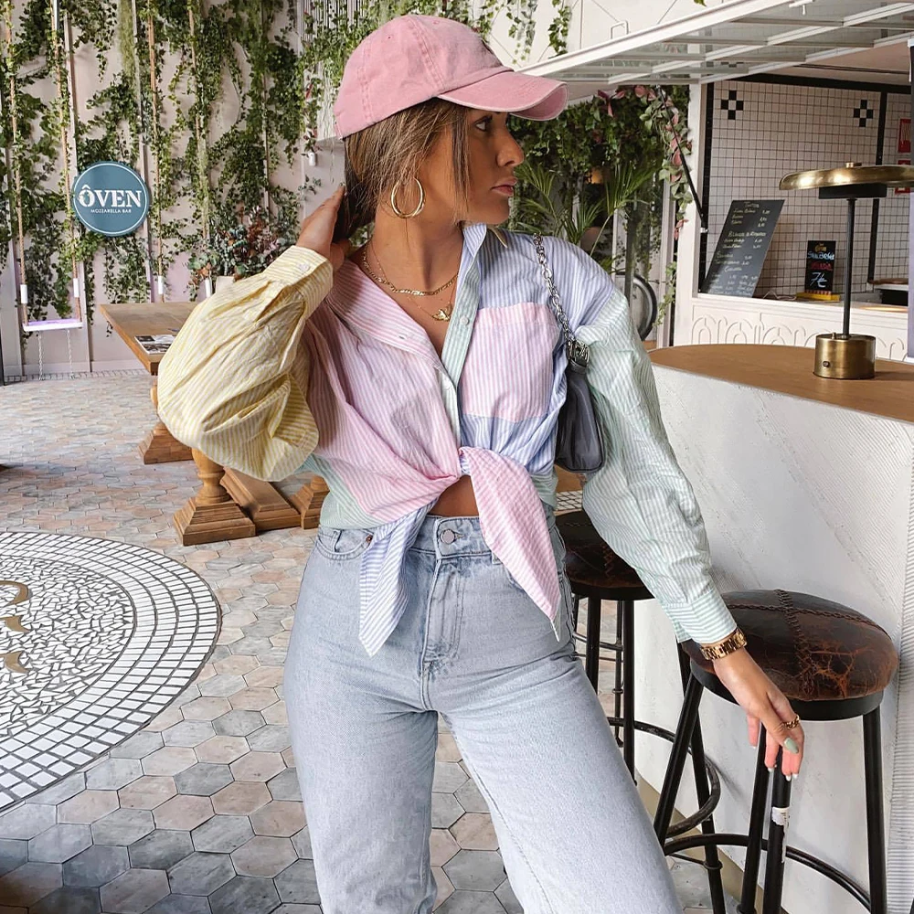

2021 New Women Shirt Striped Patchwork Long Sleeves Fashion Casual Chic Lady Woman Summer Shirt Button Up Tops