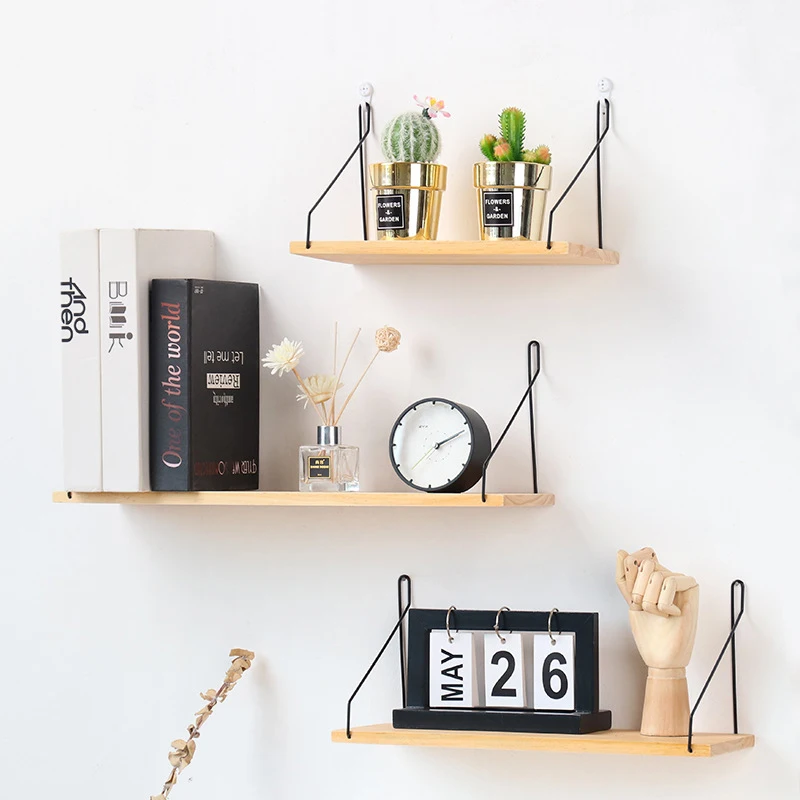 

Iron Wooden Hanging Wall Shelf Floating Books Storage Rocks Flower Pot Crafts Display Stand Living Room Shelves Home Decoration